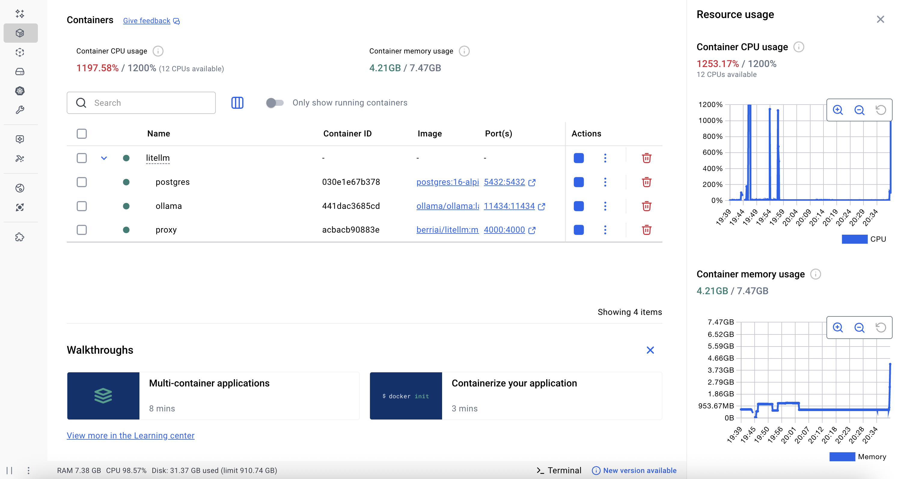 Docker memory and CPU usage
