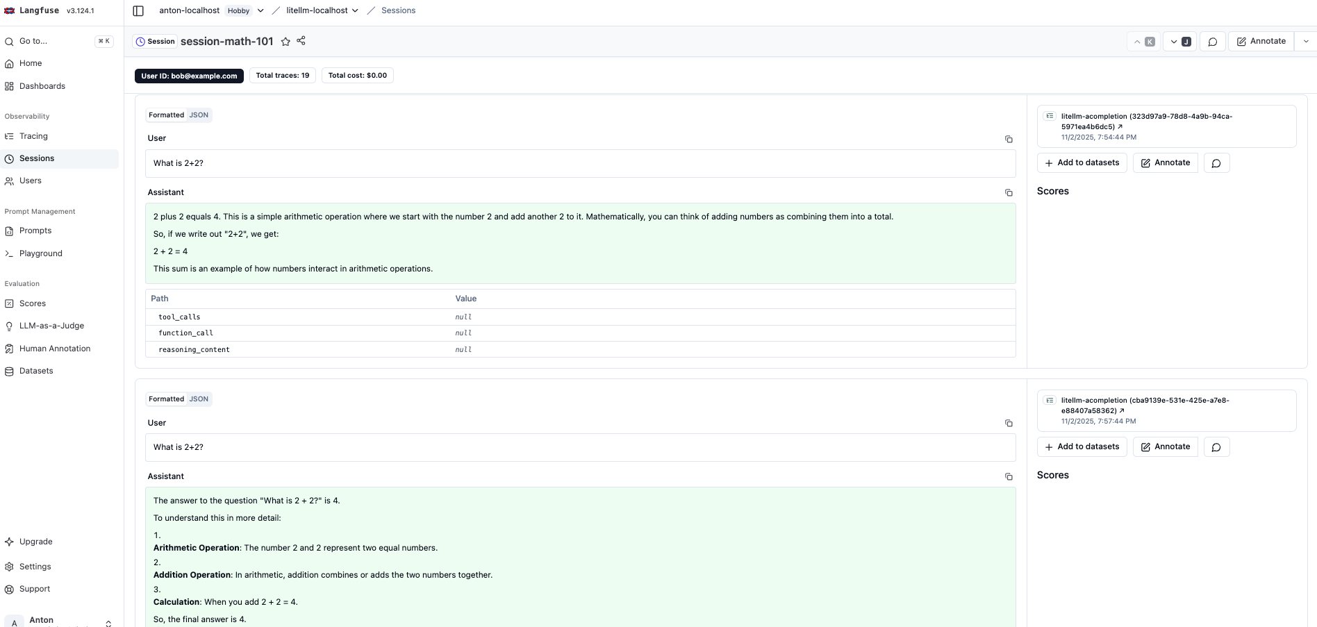 Session tracing in Langfuse